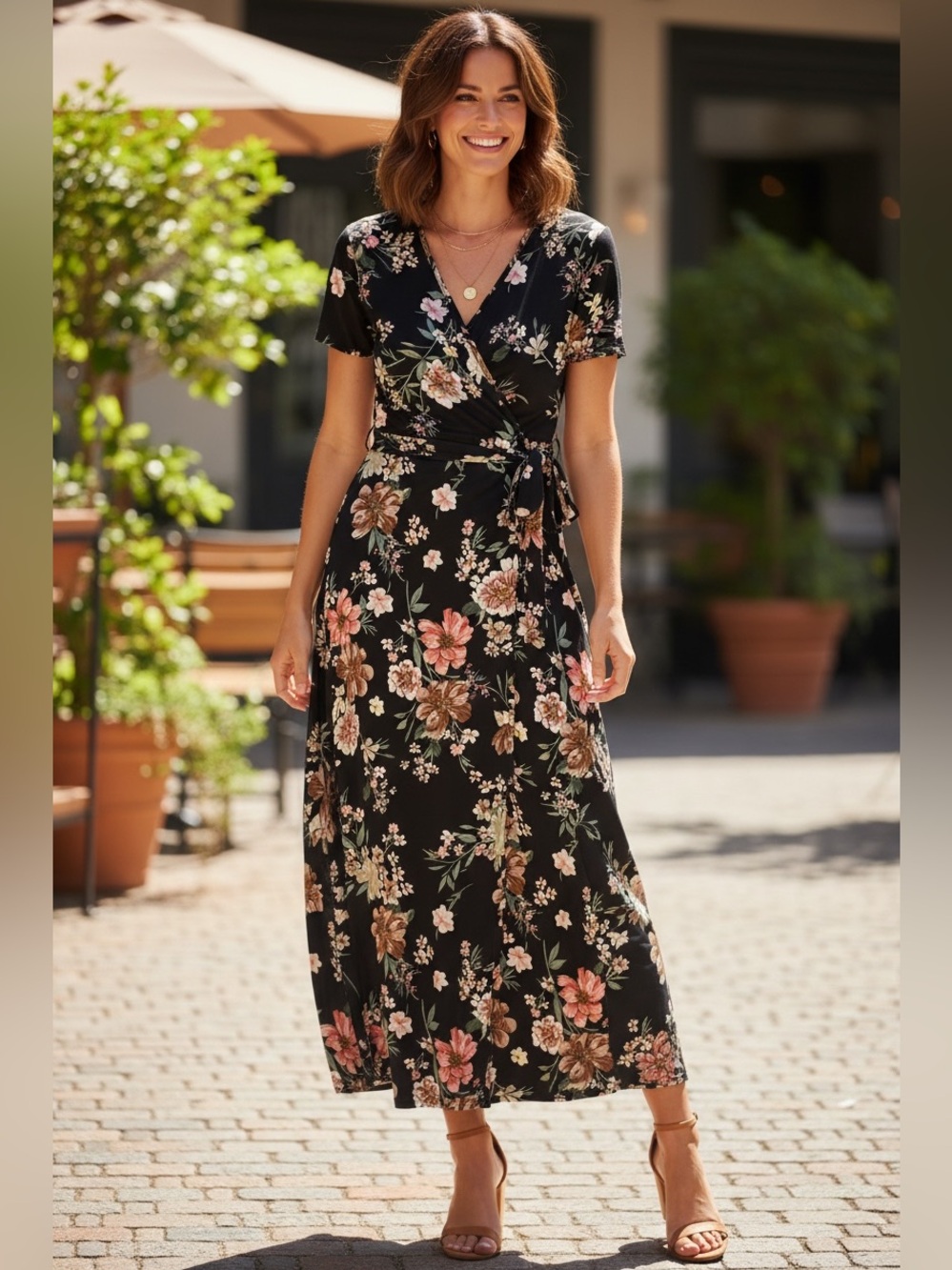 Women's‎ Black Floral Wrap Maxi Dress with Tie Waist
